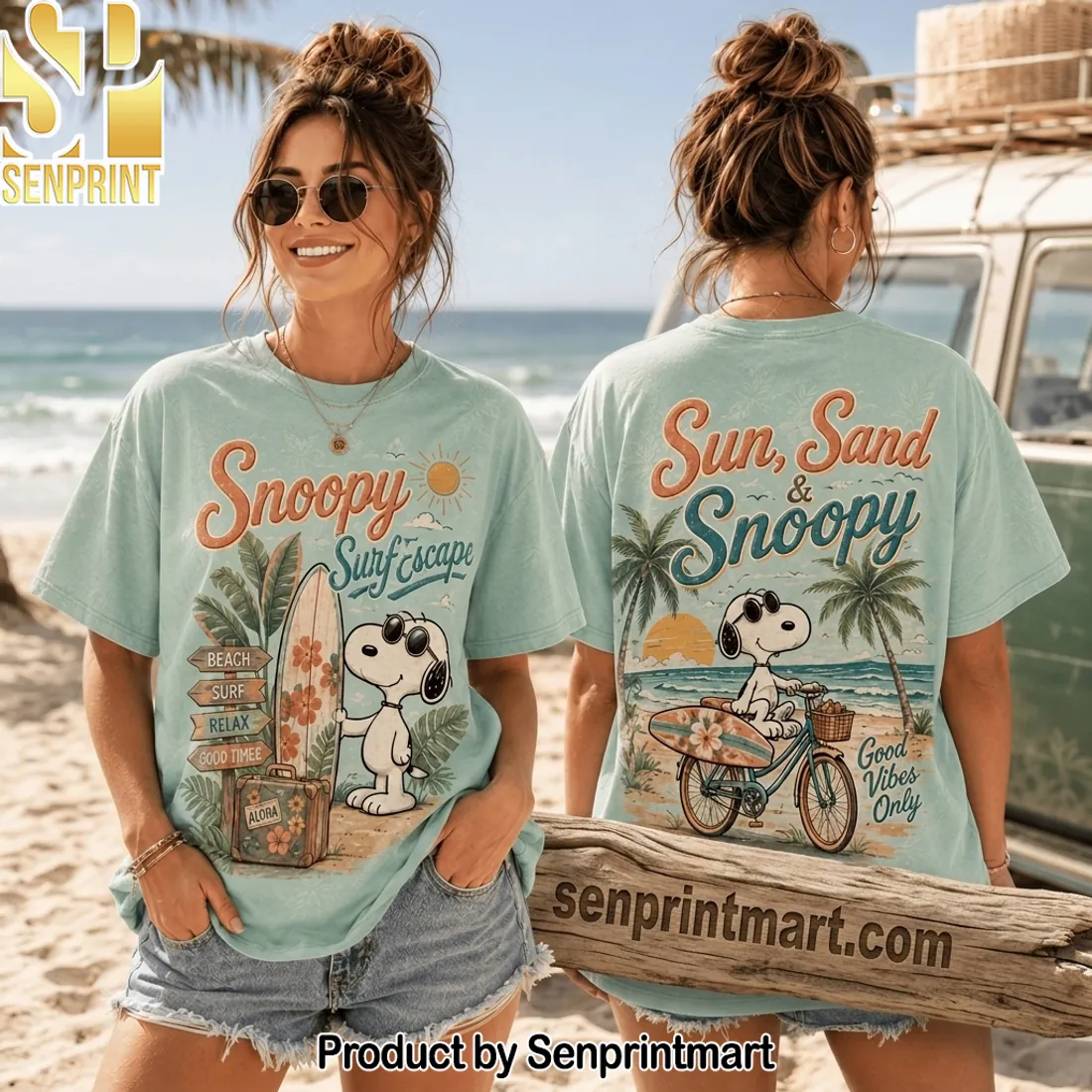 Snoopy Surf Escape Retro Good Vibes Only Graphic T-Shirt