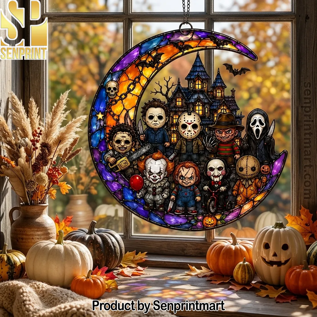 Horror Movie Characters Crescent Moon Stained Glass Halloween Suncatcher
