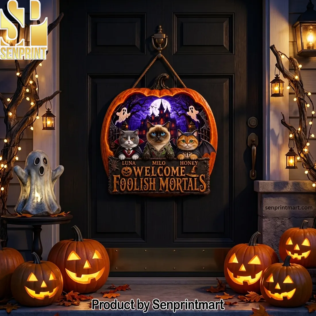 Welcome Foolish Mortals Personalized Cat Halloween Pumpkin Door Hanger