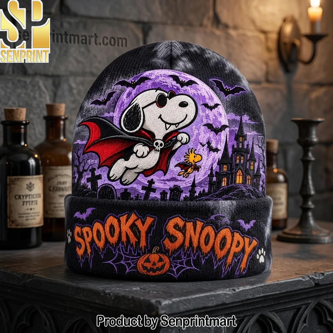 Spooky Snoopy Vampire Halloween Purple Moon Knit Beanie Hat