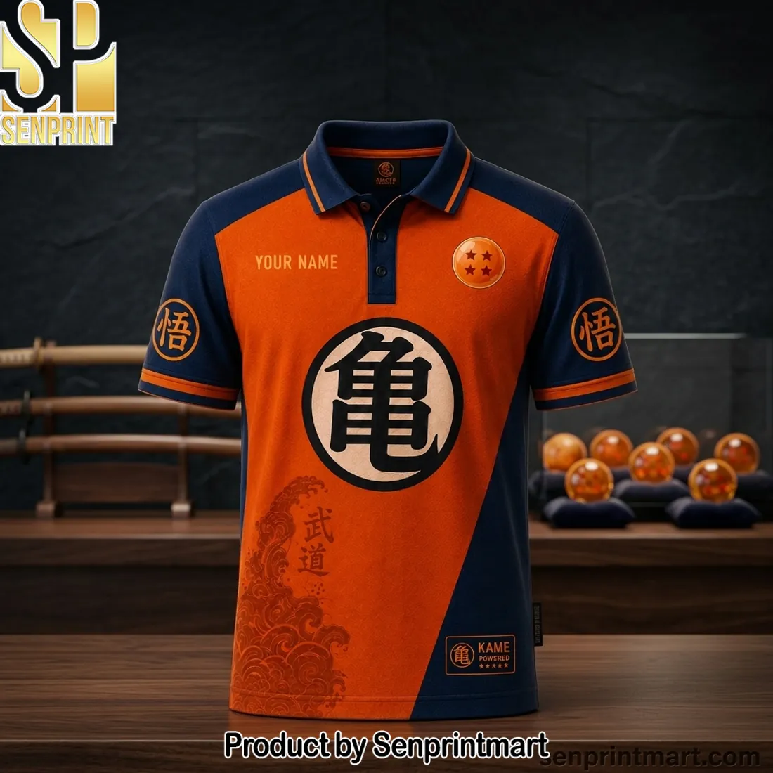 Personalized Goku Kame Symbol Anime Orange Blue Polo Shirt