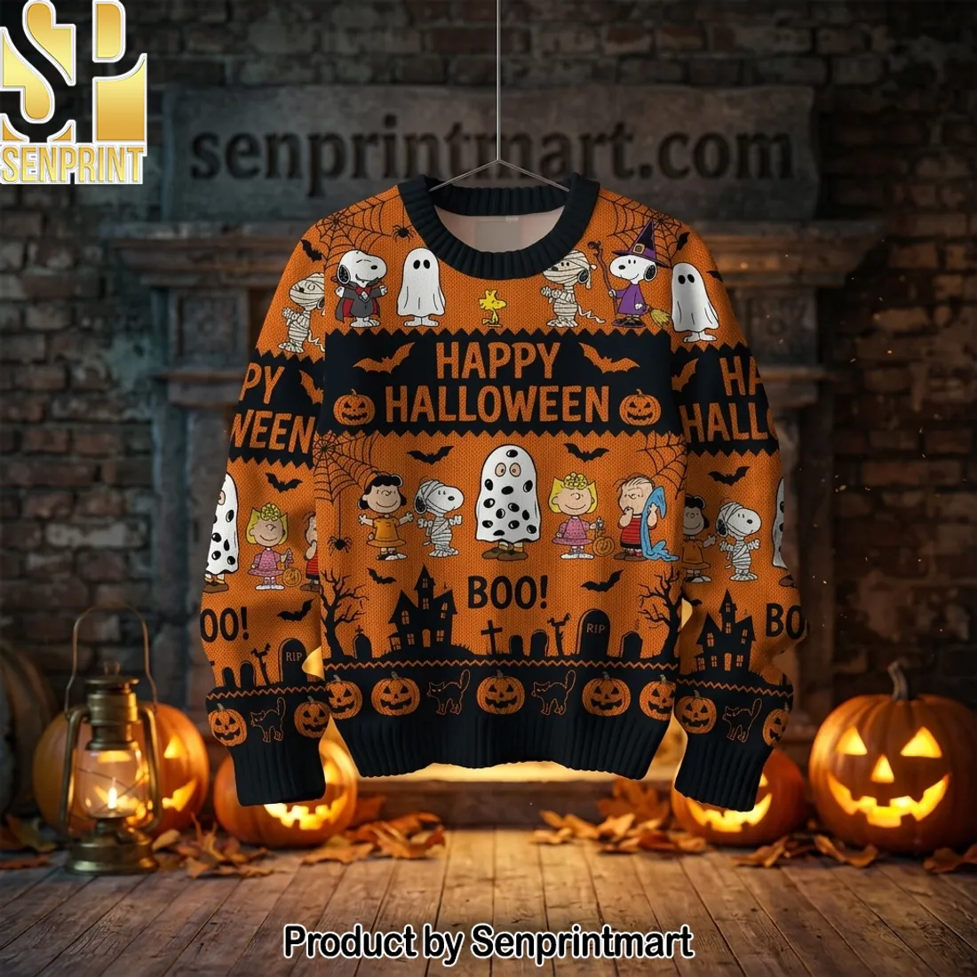 Peanuts Snoopy Happy Halloween Boo Orange Knit Ugly Sweater