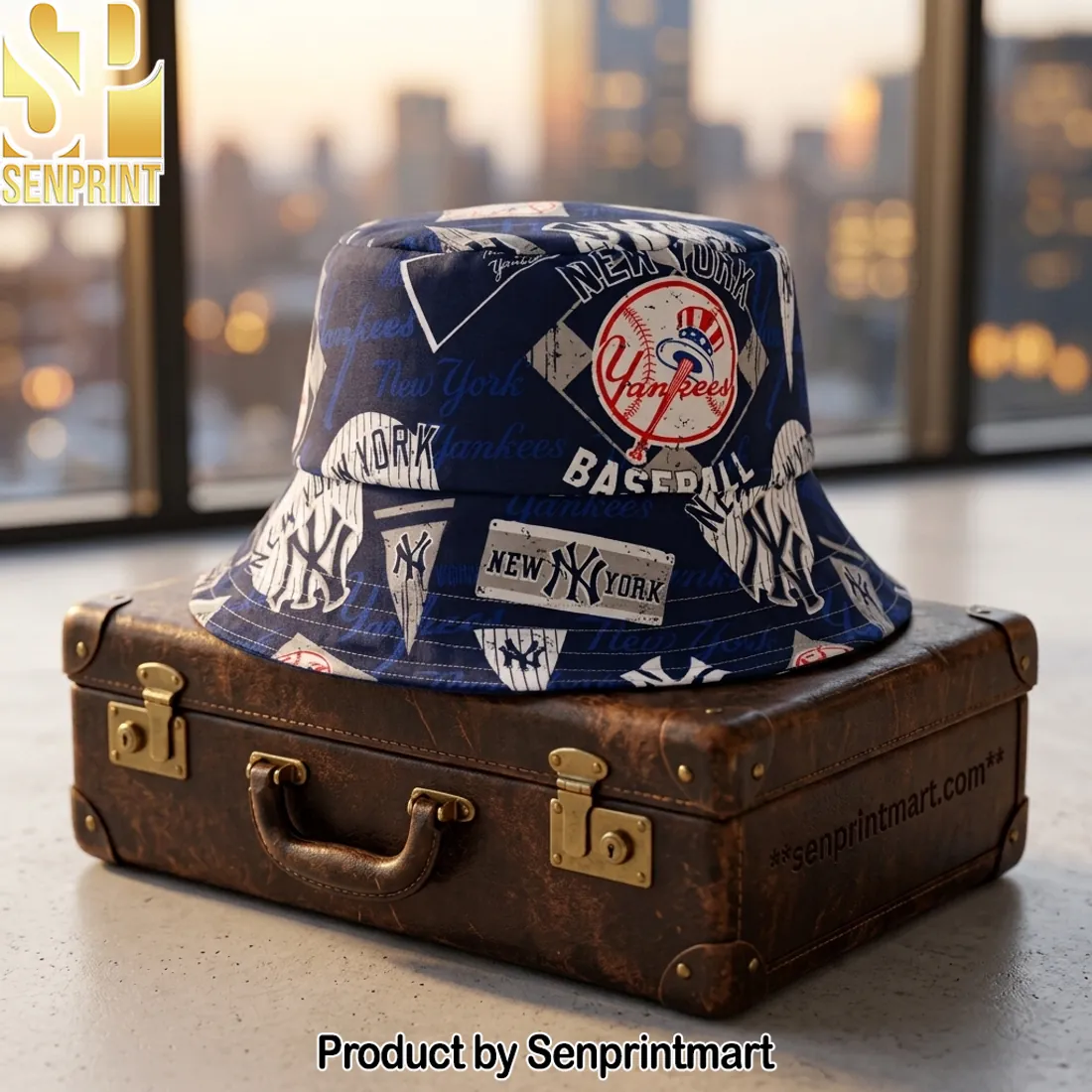 New York Yankees Vintage All Over Print Navy Blue Bucket Hat