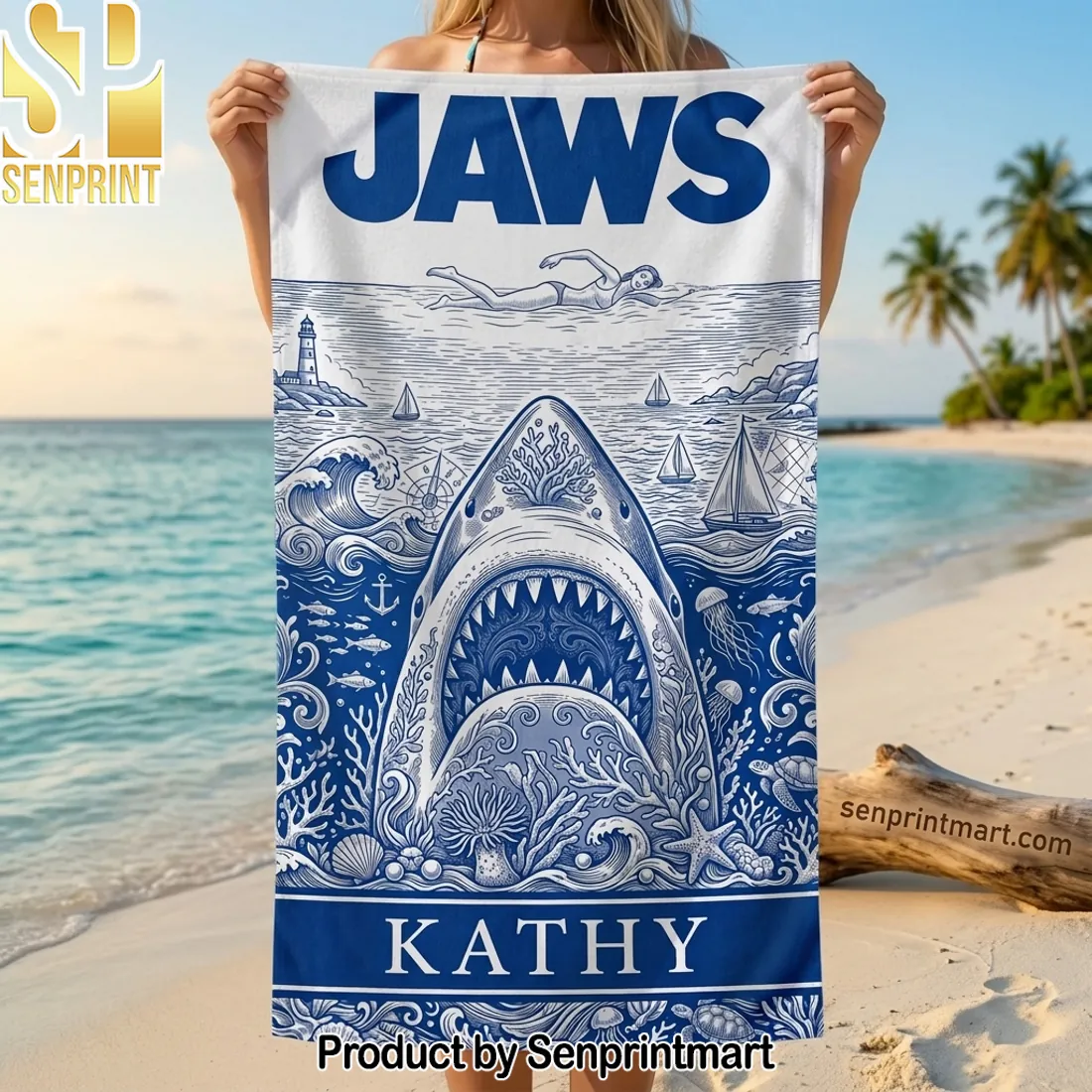 Jaws Movie Vintage Toile De Jouy Personalized Beach Towel