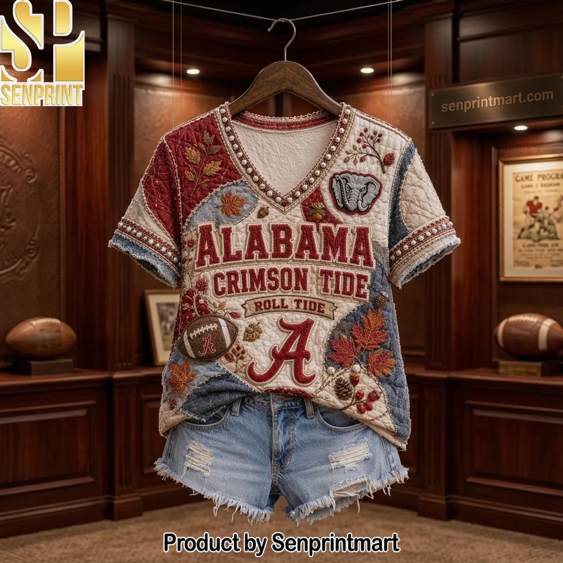 Alabama Crimson Tide Roll Tide Vintage Patchwork V-neck Shirt