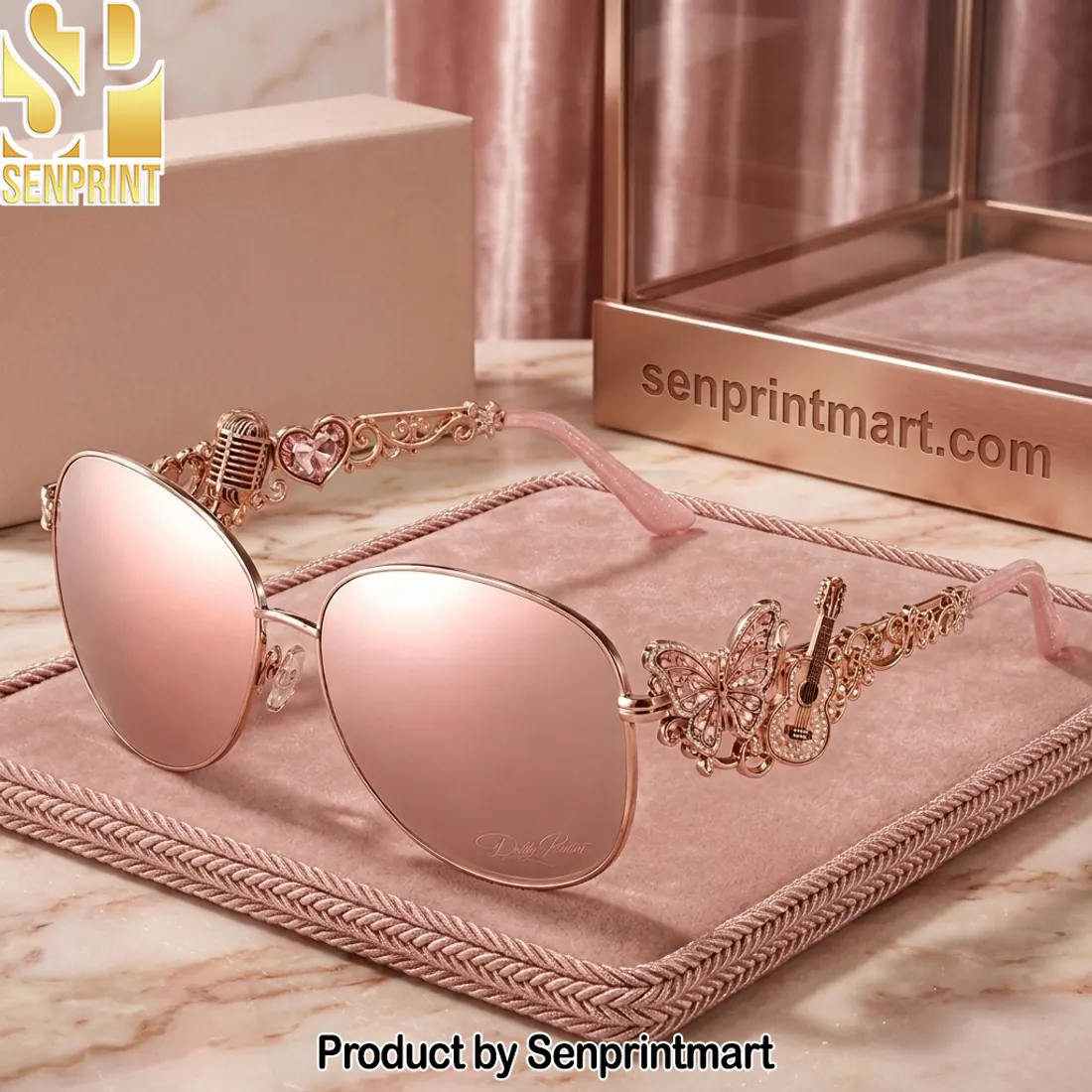 Dolly Parton Signature Rose Gold Butterfly and Guitar Sunglasses