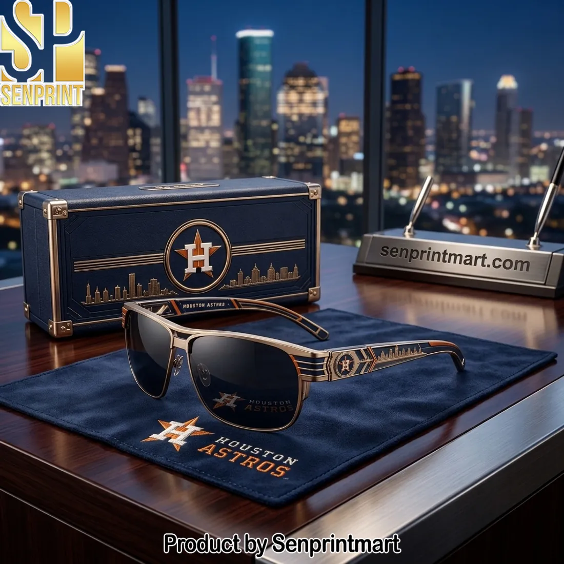Houston Astros Premium Gold Frame Skyline Engraved Unisex Sunglasses