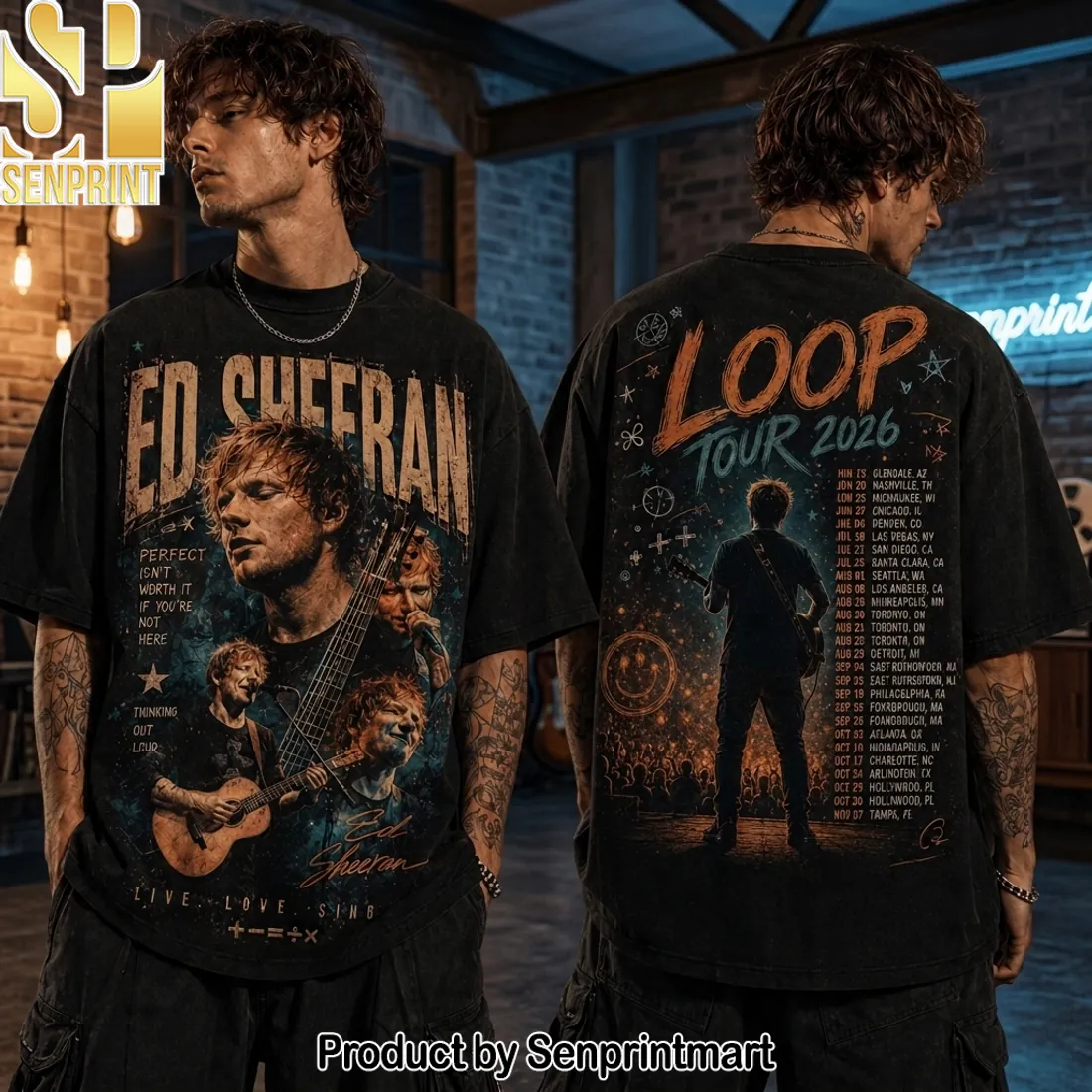 Ed Sheeran Loop Tour 2026 Vintage Washed Double Sided Concert Graphic T-Shirt
