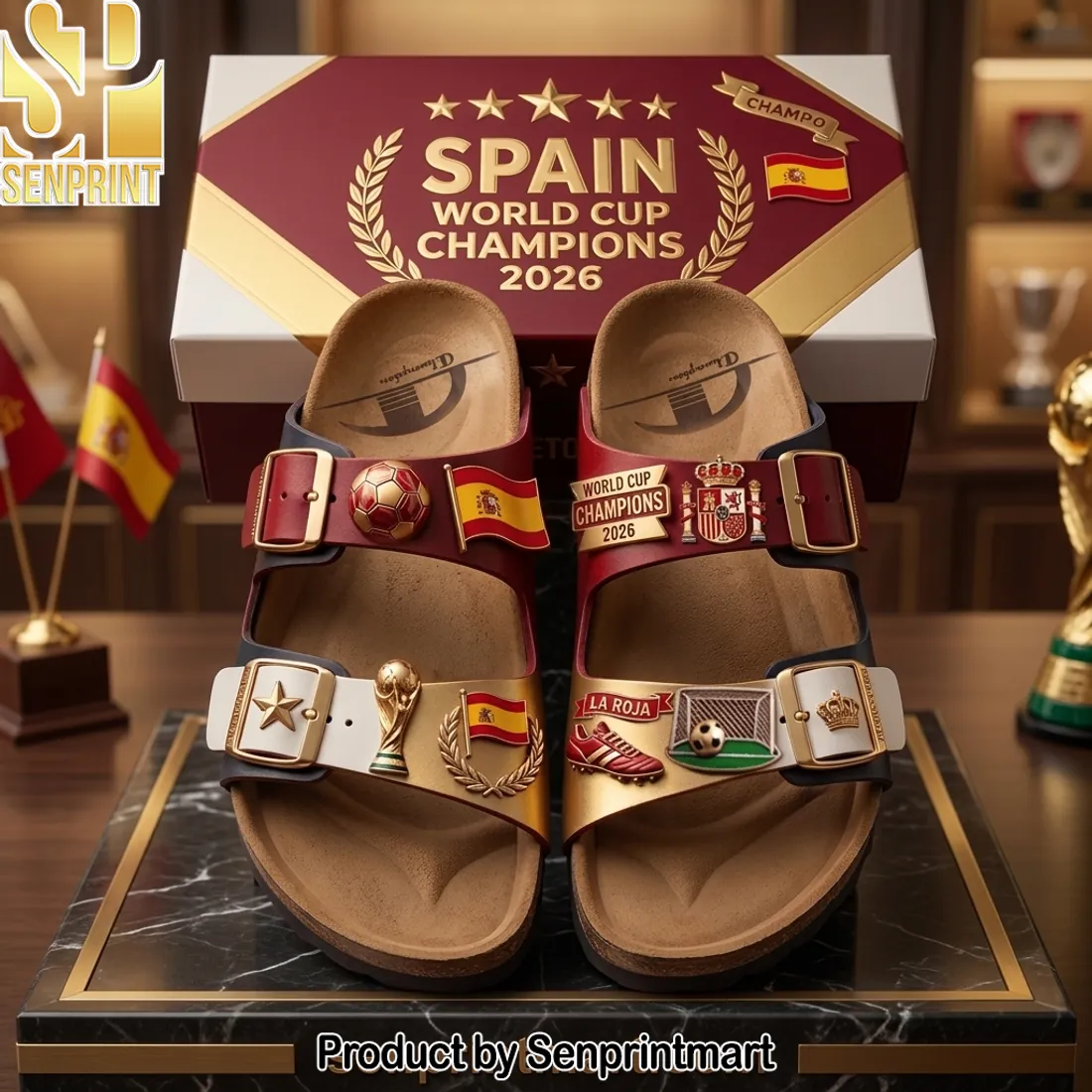 Spain World Cup Champions 2026 Commemorative Gold Charm Slide Sandals