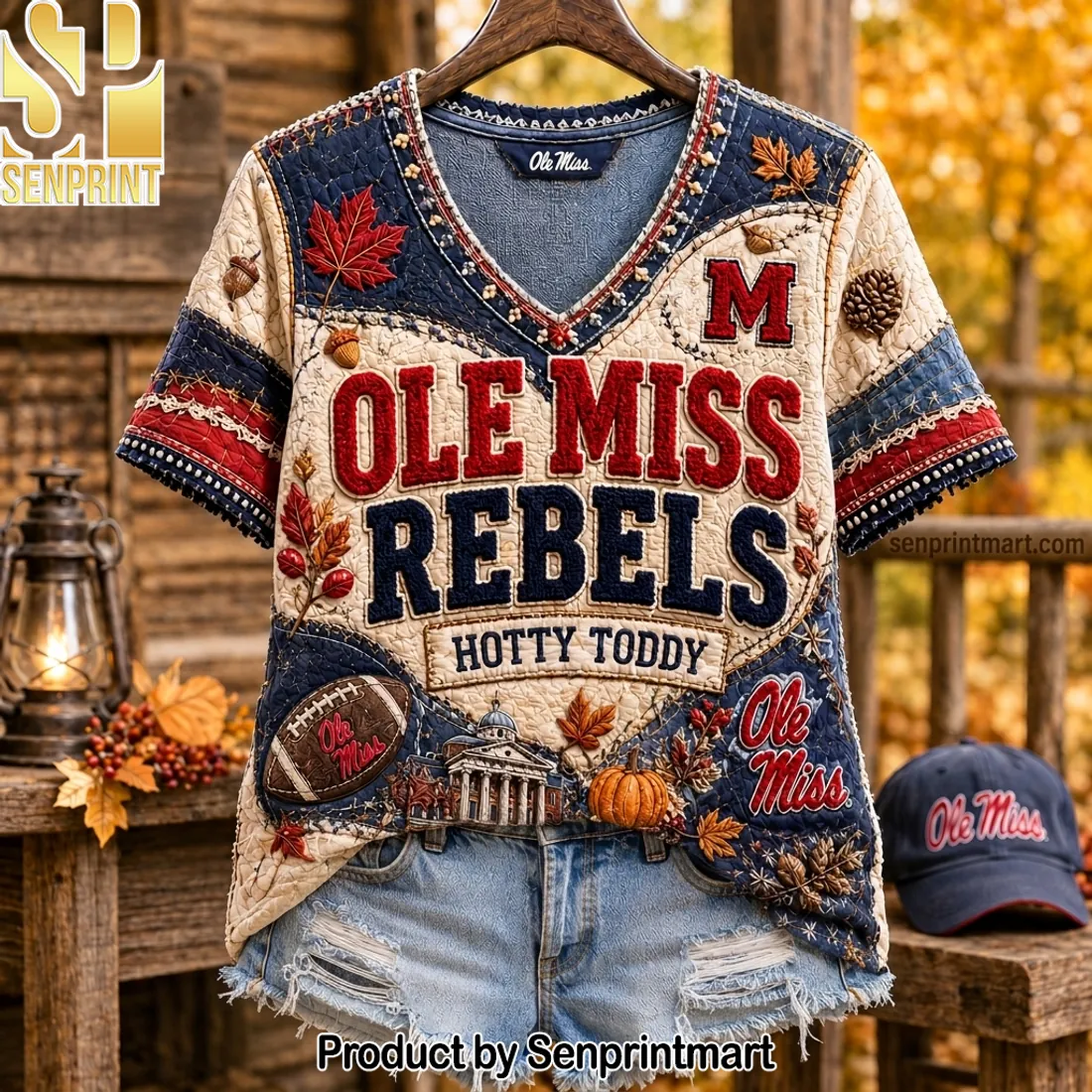 Ole Miss Rebels Hotty Toddy Quilted Patchwork Fall V-neck Shirt