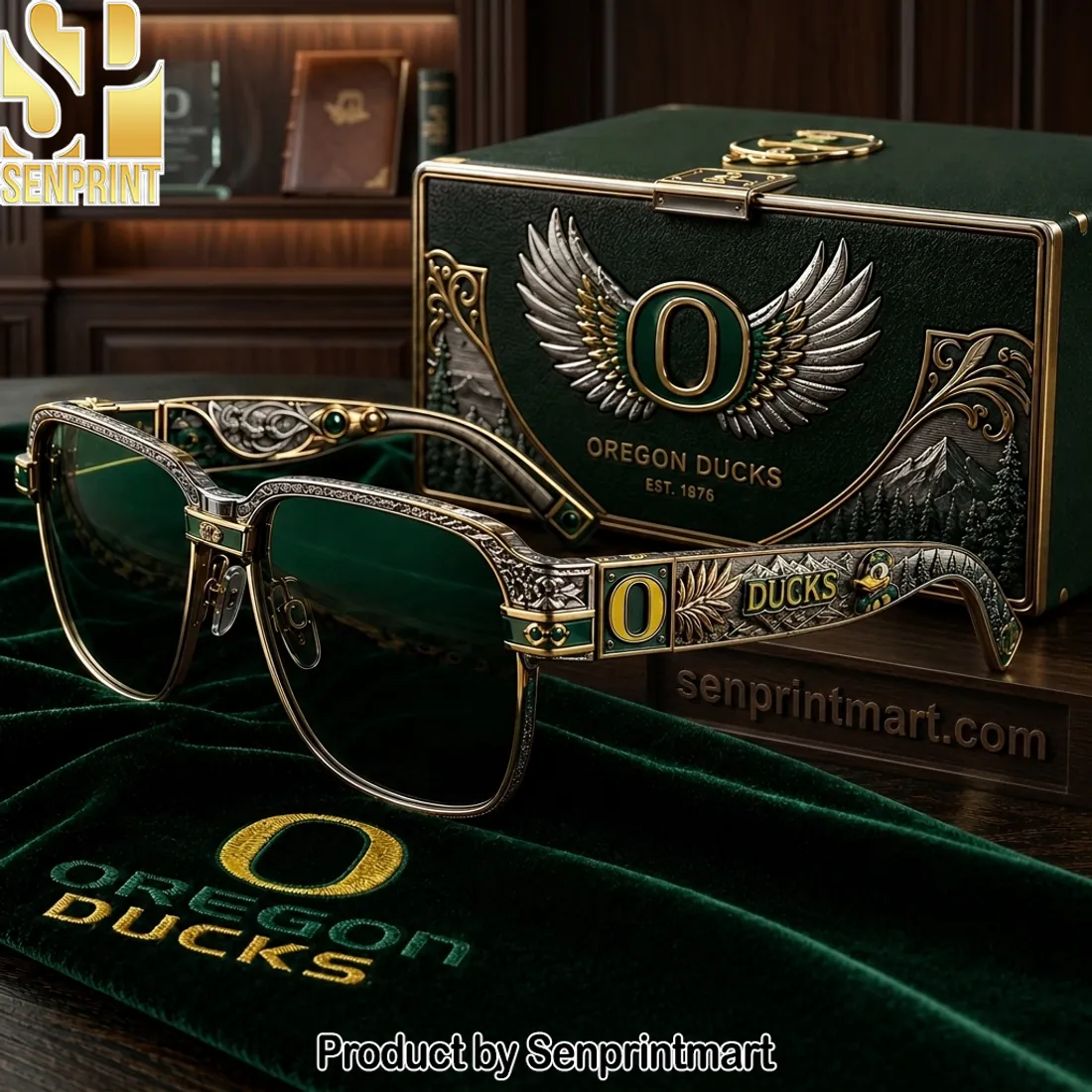Oregon Ducks Premium Engraved Gold and Green Luxury Sunglasses