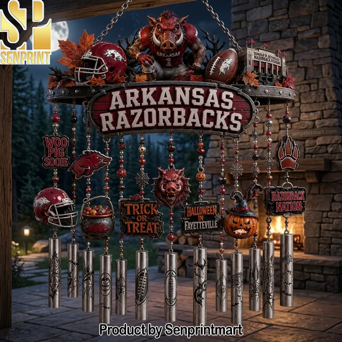 Arkansas Razorbacks Halloween Trick or Treat Outdoor Metal Wind Chime