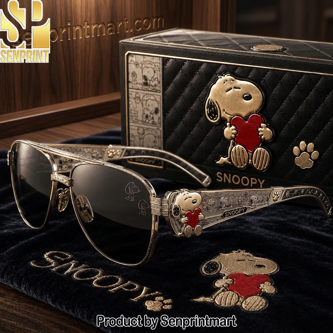 Snoopy Peanuts Premium Gold Frame Heart Design Unisex Aviator Sunglasses