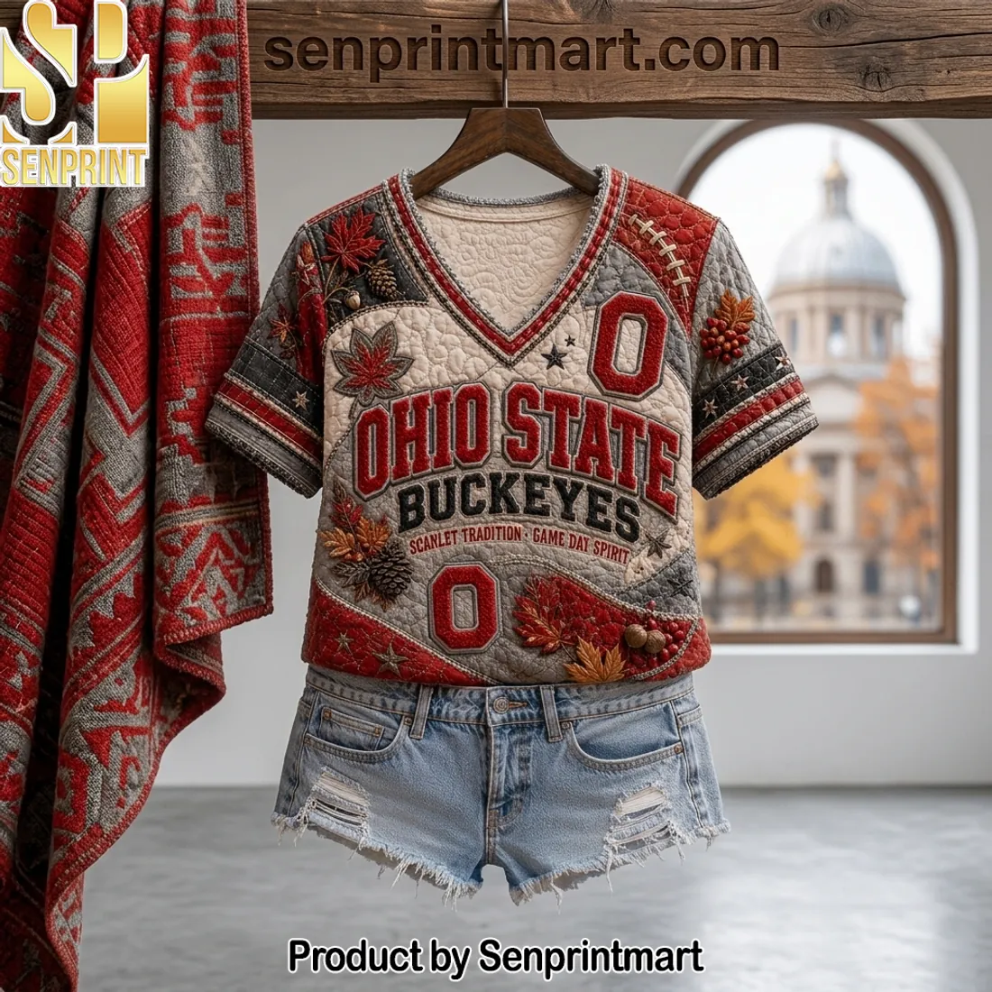 Ohio State Buckeyes Game Day Spirit Quilted Pattern V-neck Shirt