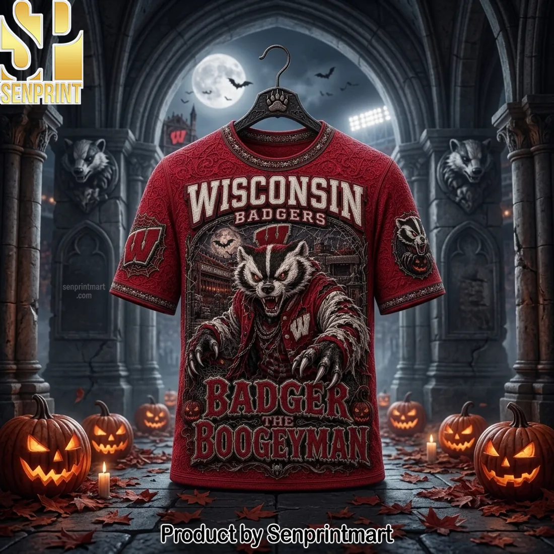 Wisconsin Badgers Badger The Boogeyman Halloween Premium 3D Embossed T-Shirt