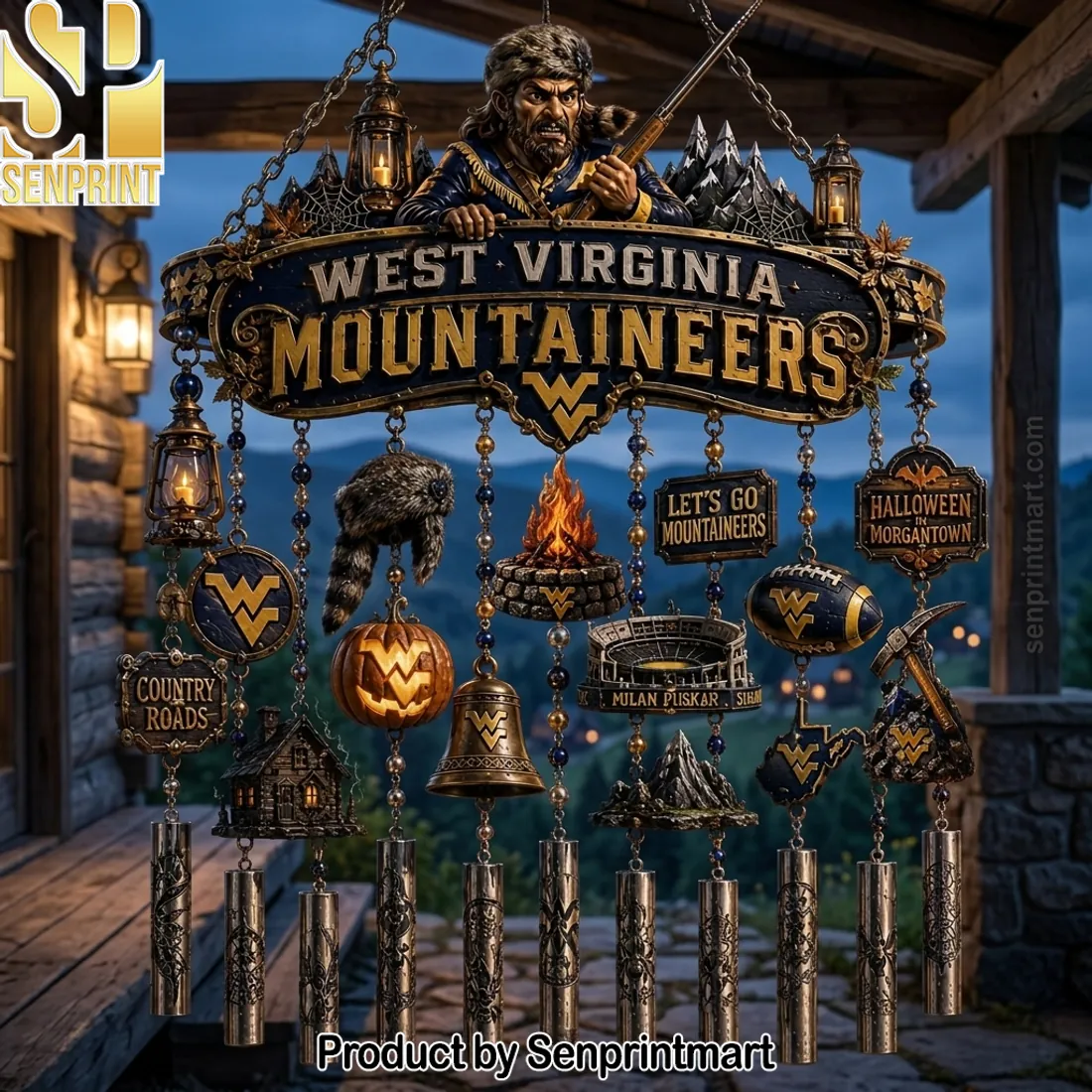 West Virginia Mountaineers Halloween in Morgantown Rustic Outdoor Wind Chime