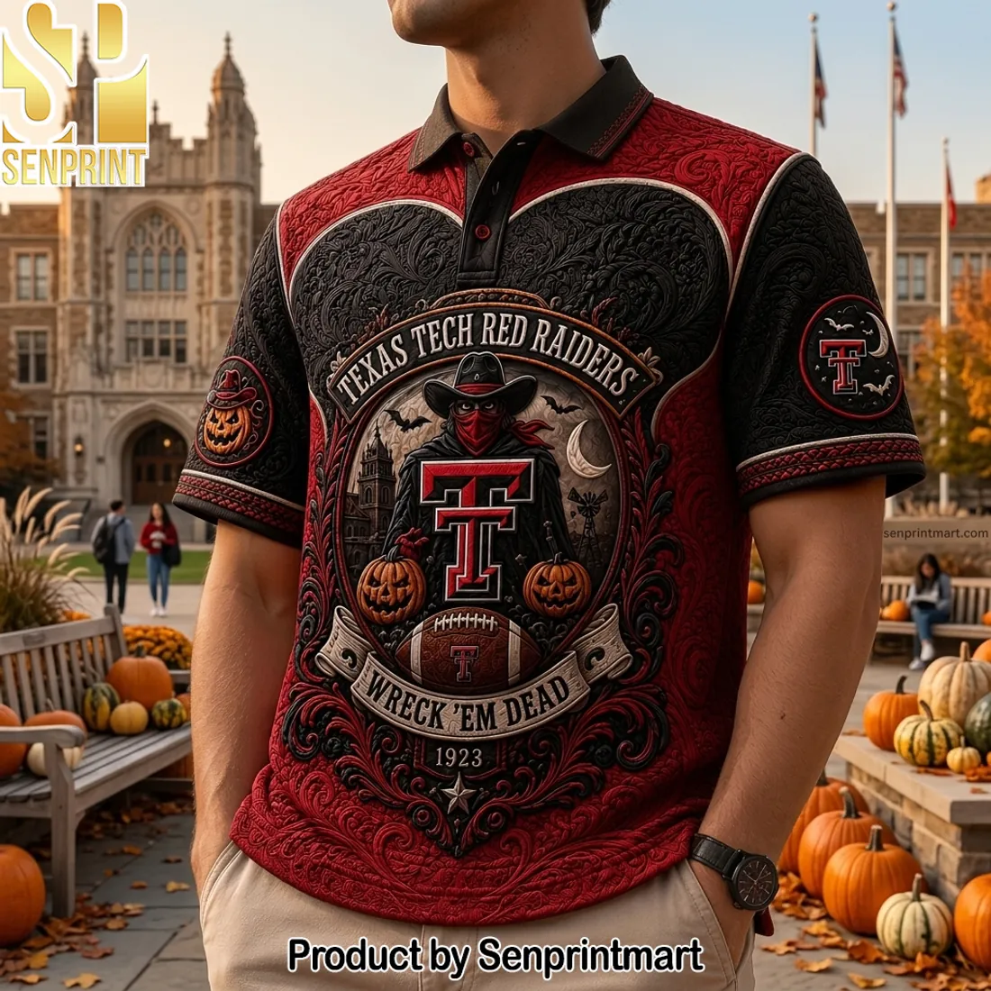 Texas Tech Red Raiders Wreck ‘Em Dead Halloween Embossed Polo Shirt