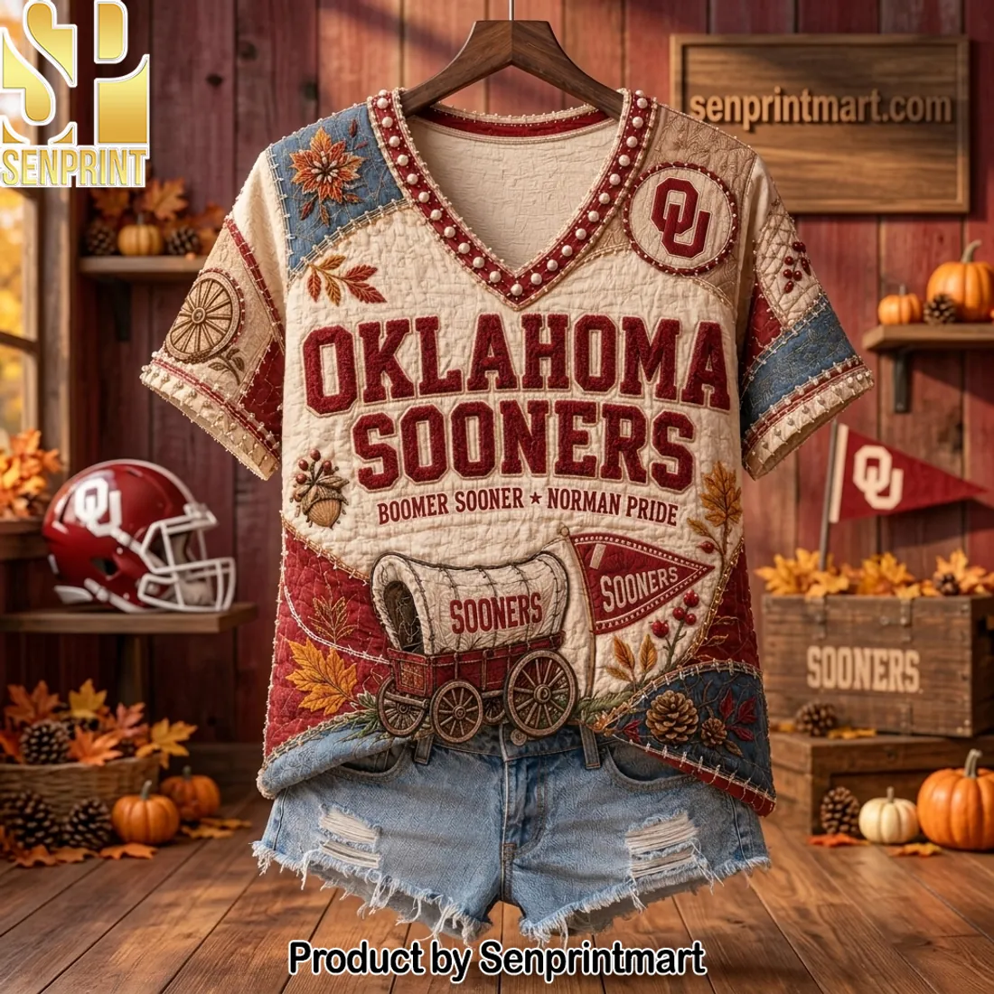 Oklahoma Sooners Boomer Sooner Vintage Patchwork Quilt V-neck Shirt