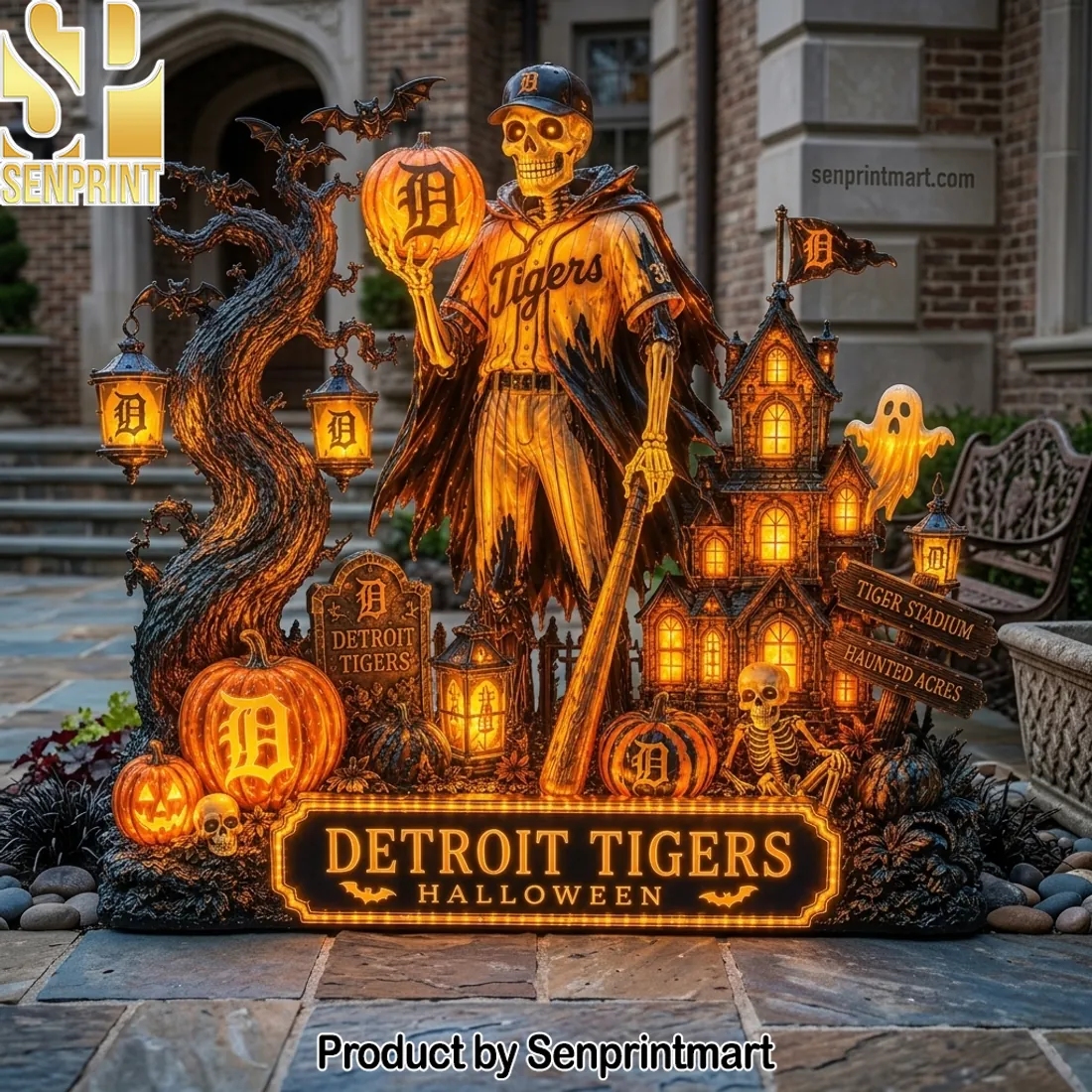 Detroit Tigers Halloween Haunted House Spooky Skeleton LED Solar Garden Light