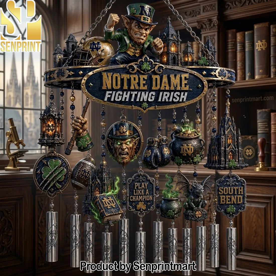 Notre Dame Fighting Irish Gothic Leprechaun Premium Halloween Wind Chime