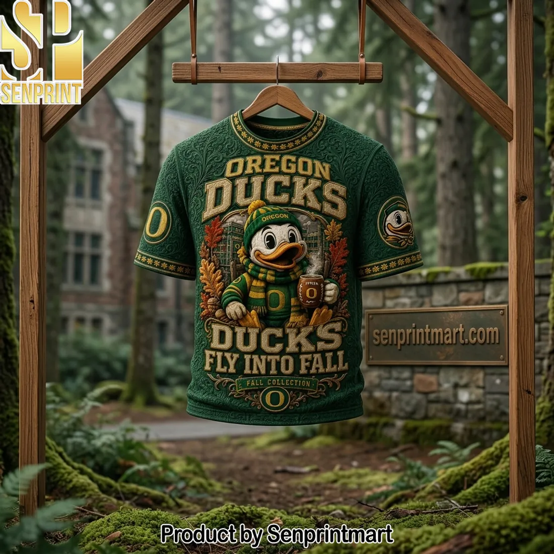Oregon Ducks Fly Into Fall Premium 3D Textured Green Jersey T-Shirt