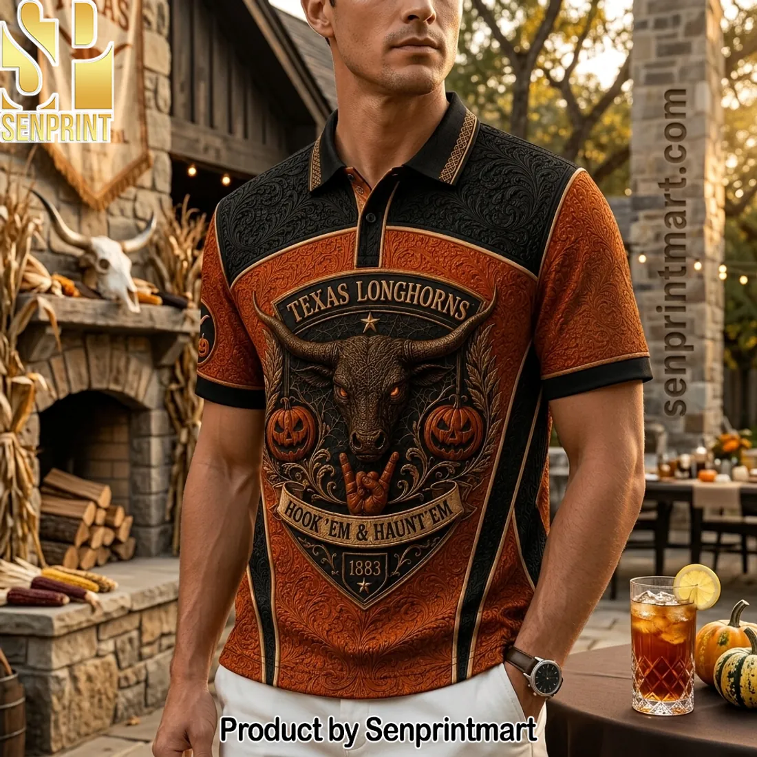 Texas Longhorns Hook ‘Em And Haunt ‘Em Halloween Western Polo Shirt