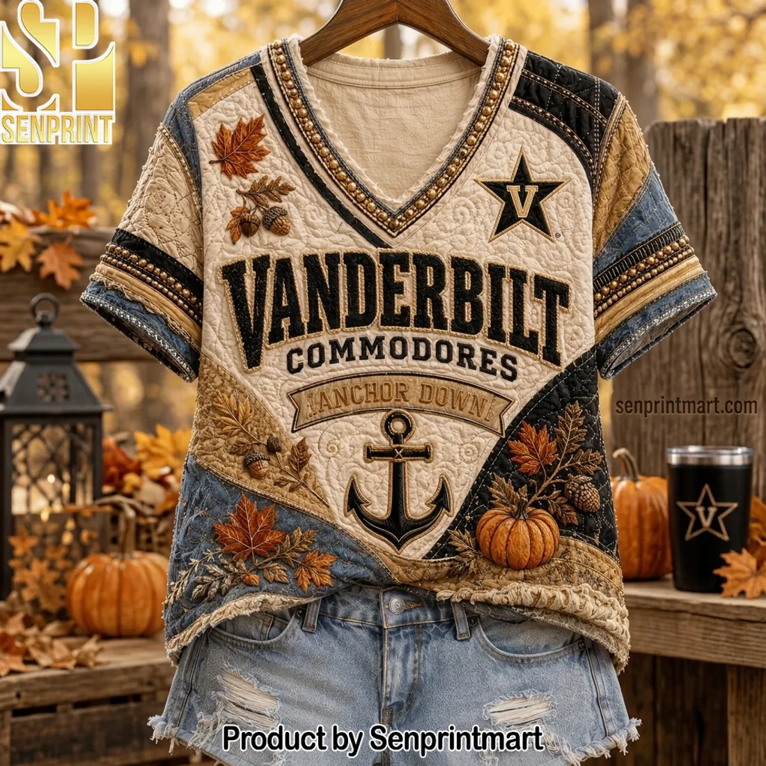 Vanderbilt Commodores Anchor Down Fall Autumn Quilted V-neck Shirt