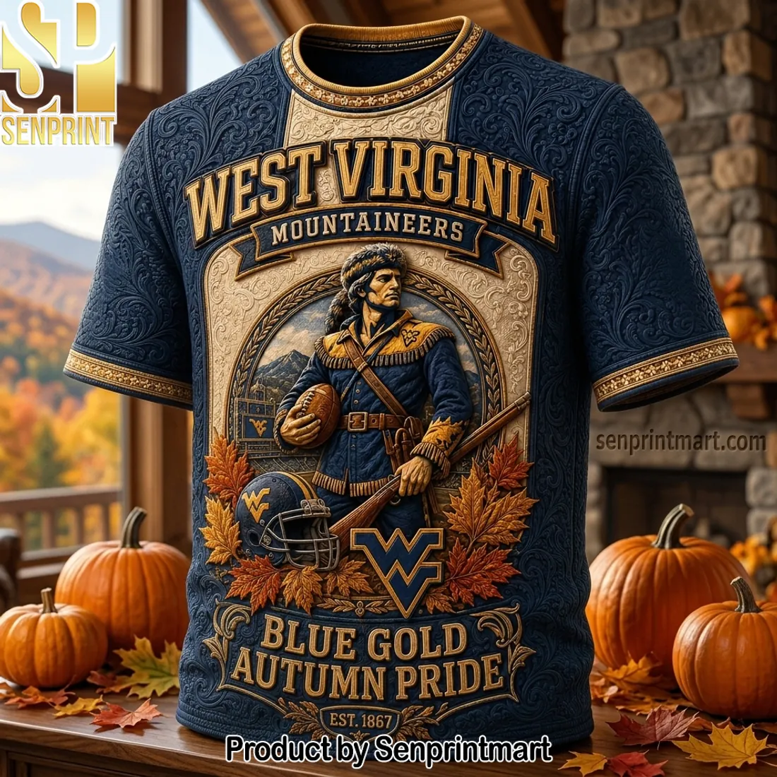 West Virginia Mountaineers Blue Gold Autumn Pride 3D Embossed T-Shirt