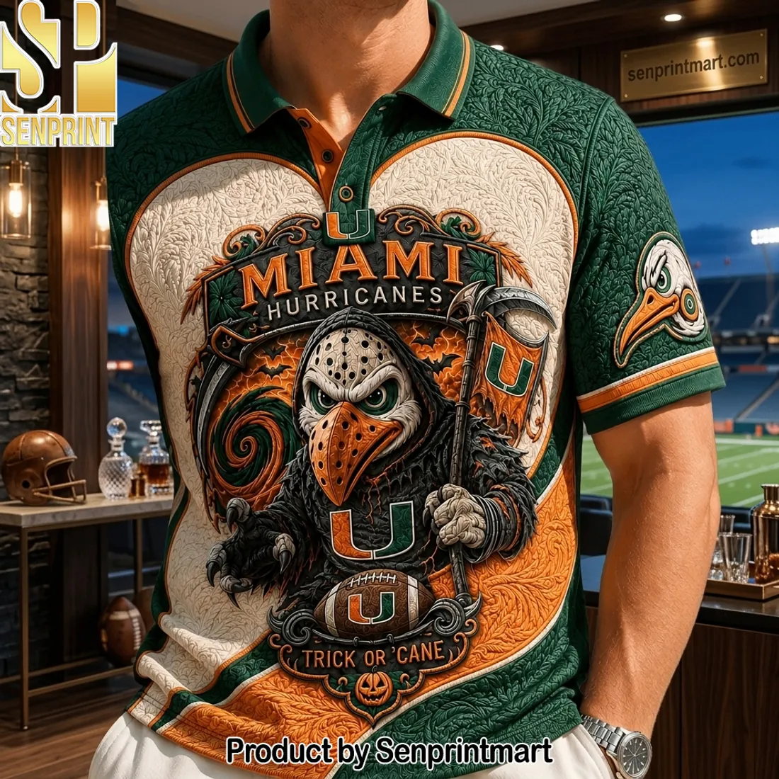 Miami Hurricanes Trick Or Cane Halloween Premium Embossed Polo Shirt