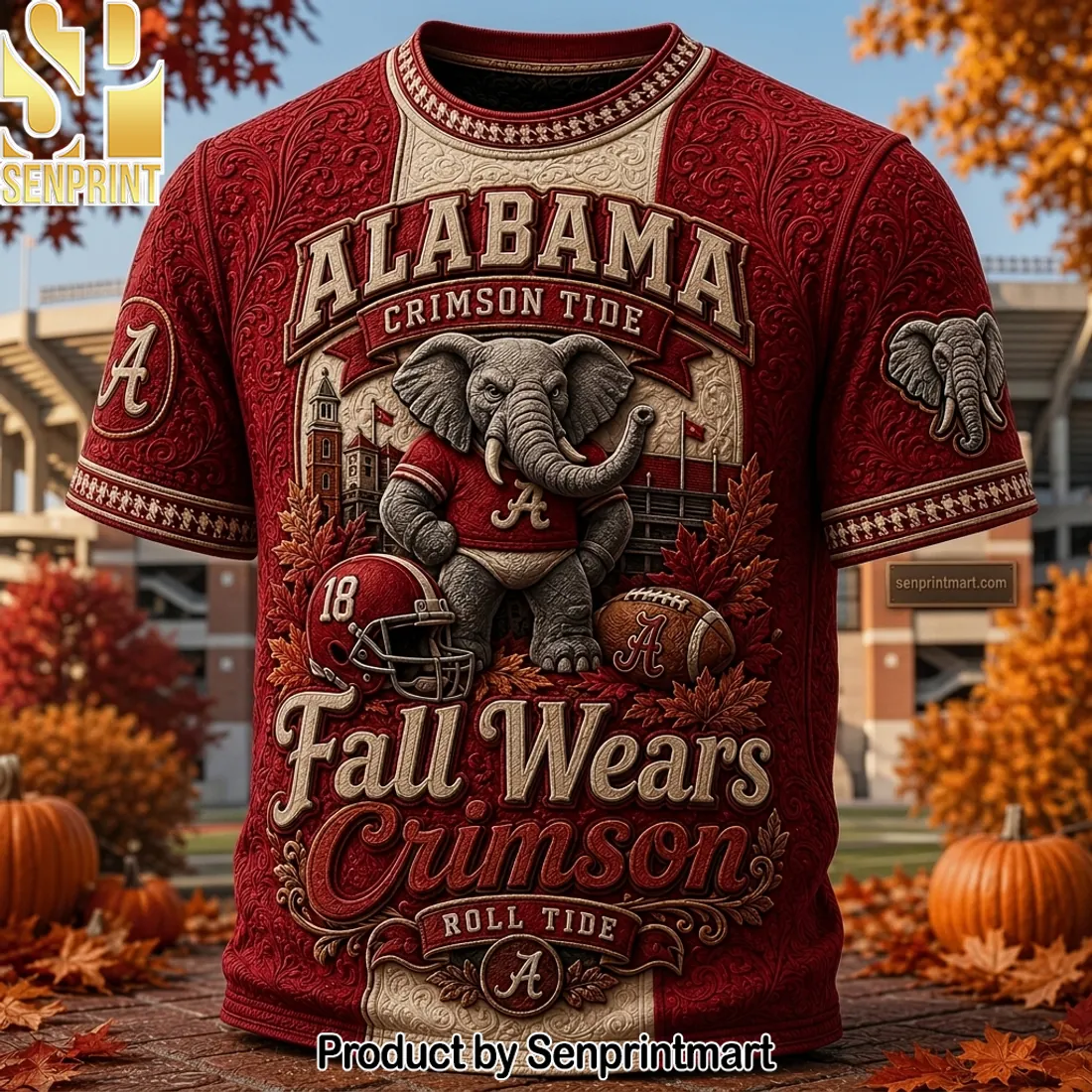 Alabama Crimson Tide Fall Wears Crimson Roll Tide Premium 3D T-Shirt