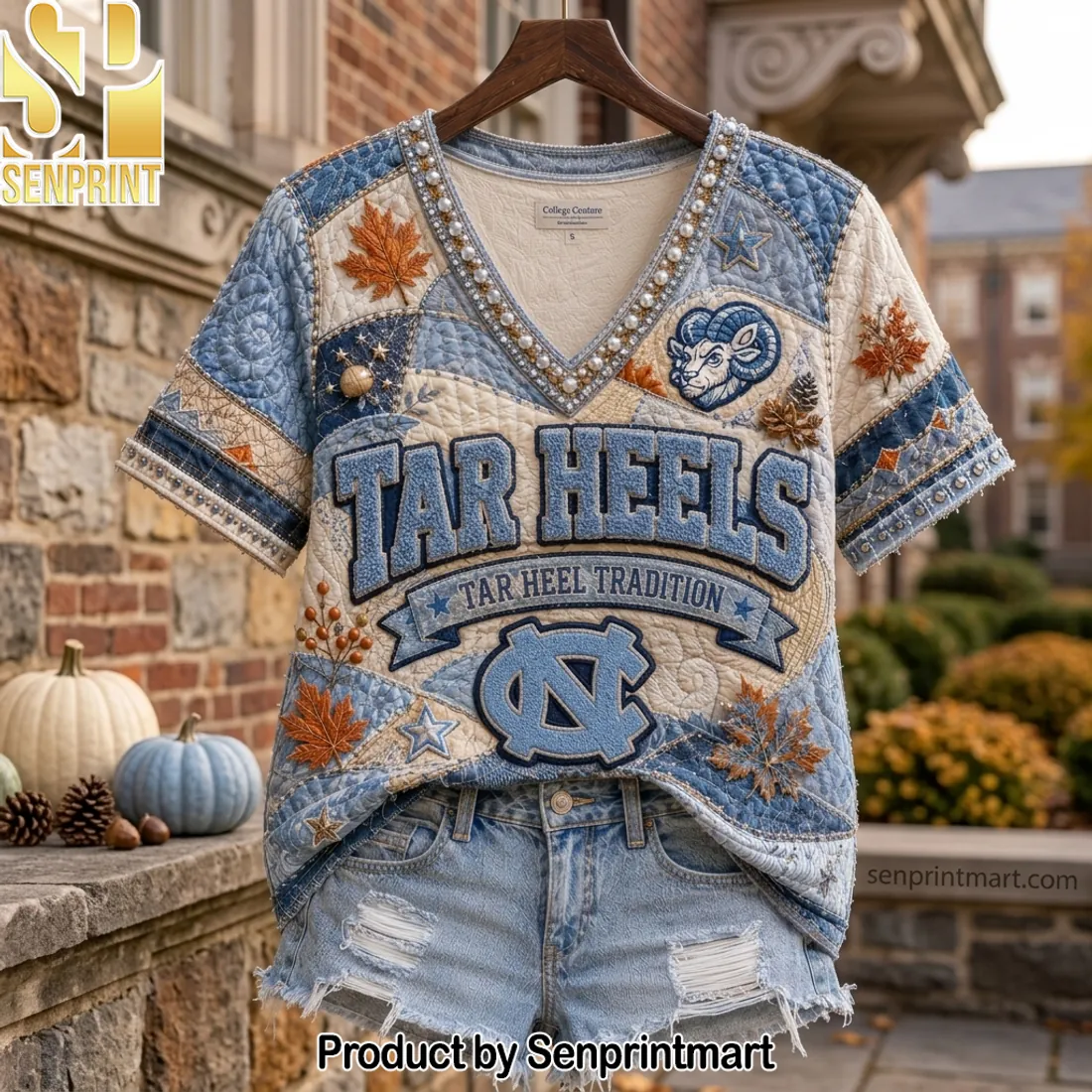 UNC Tar Heels Tar Heel Tradition Vintage Quilted Patchwork V-neck Shirt