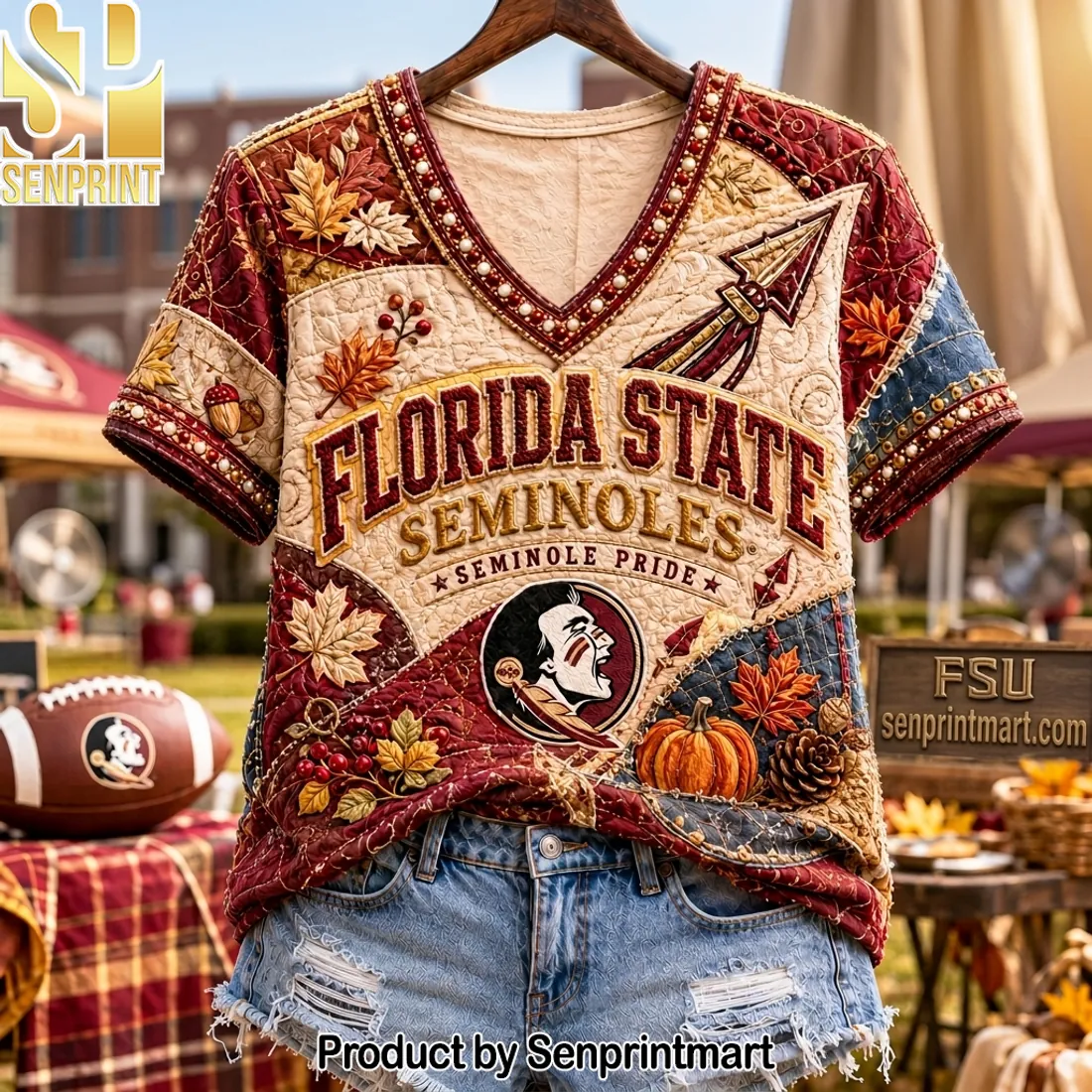 Florida State Seminoles Seminole Pride Autumn Patchwork V-neck Shirt