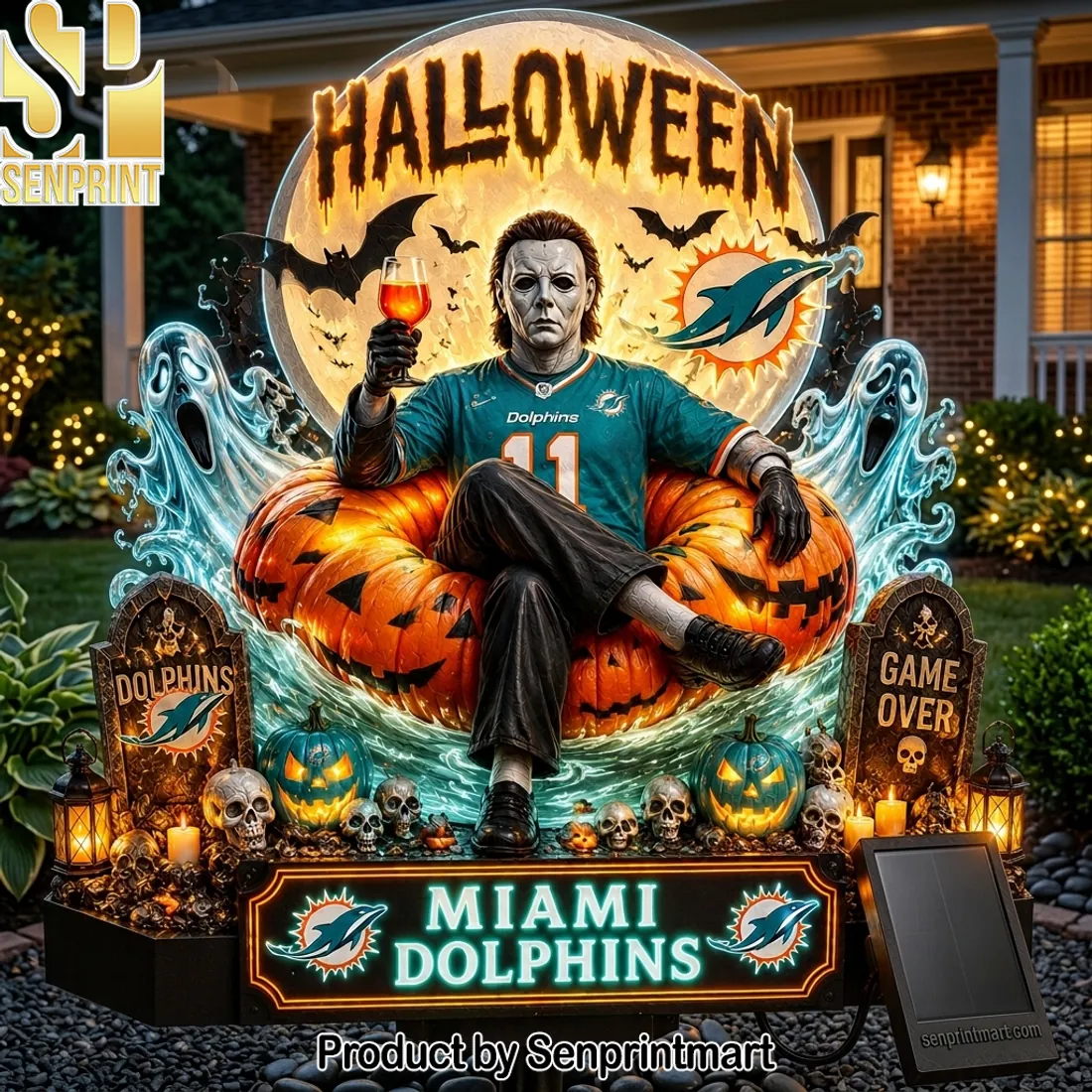 Miami Dolphins Halloween Michael Myers Pumpkin LED Solar Garden Light