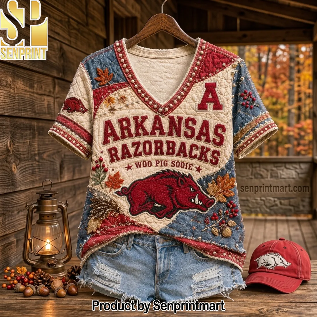 Arkansas Razorbacks Woo Pig Sooie Quilted Patchwork V-Neck Shirt