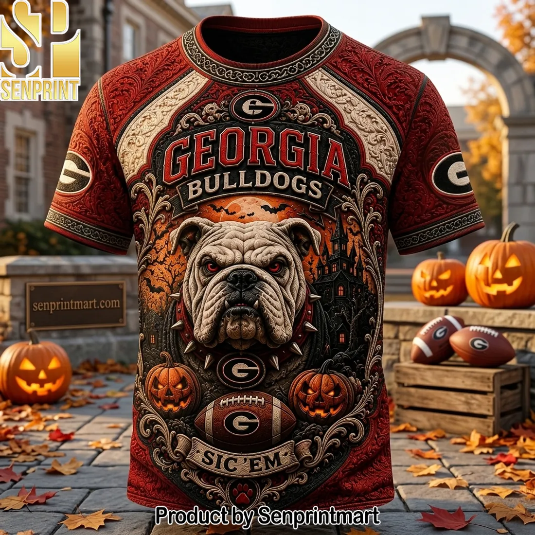 Georgia Bulldogs Halloween Sic ‘Em Premium 3D Graphic T-Shirt
