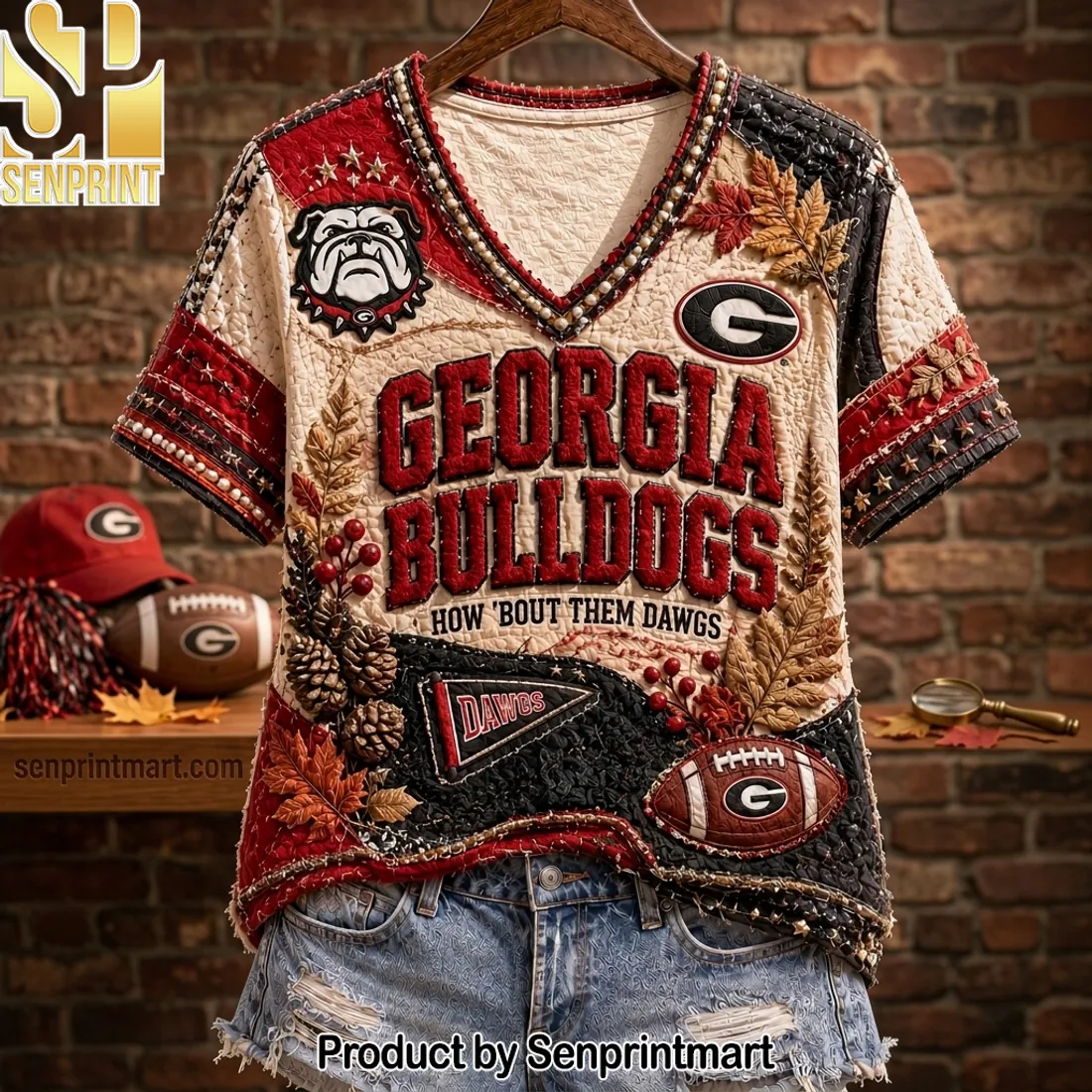Georgia Bulldogs How ‘Bout Them Dawgs Vintage Patchwork V-Neck Shirt