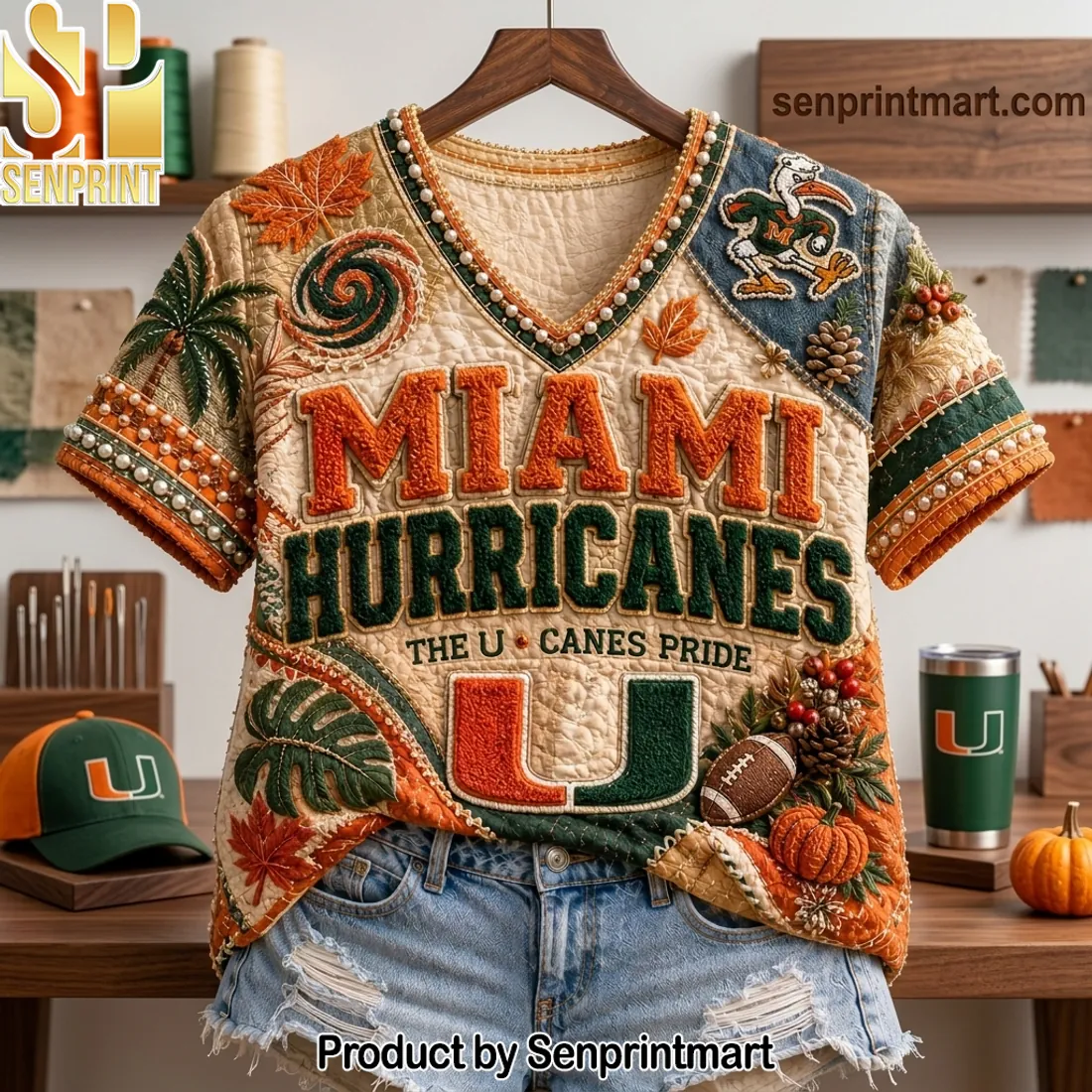 Miami Hurricanes Canes Pride Vintage Quilted Patchwork V-Neck Shirt
