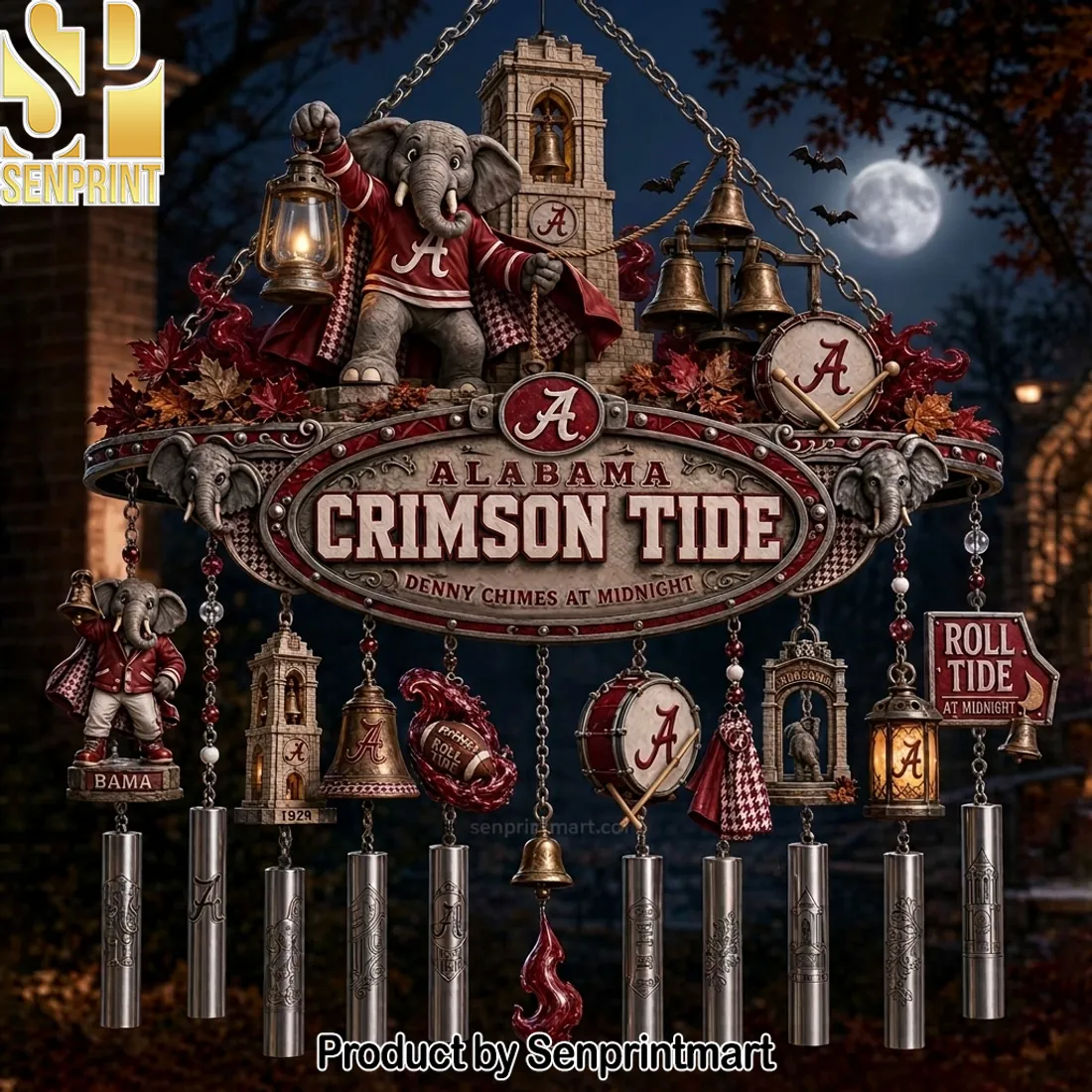 Alabama Crimson Tide Denny Chimes at Midnight Premium Halloween Wind Chime