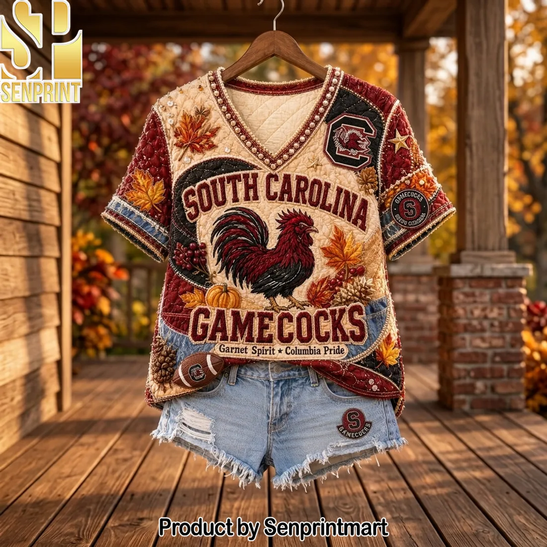 South Carolina Gamecocks Quilted Patchwork Autumn Fall V-Neck Shirt