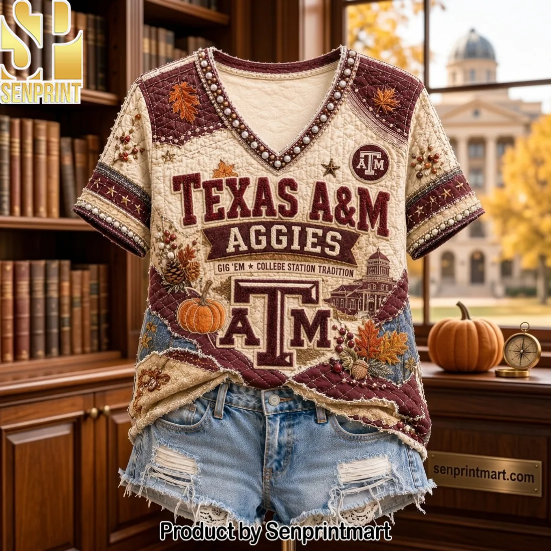 Texas A&M Aggies Vintage Quilted Fall Game Day V-neck Shirt