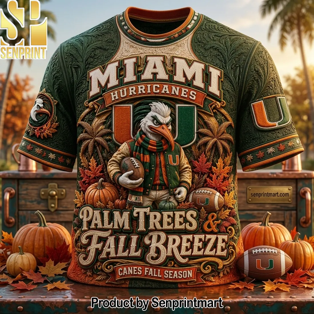 Miami Hurricanes Palm Trees & Fall Breeze 3D Embossed T-Shirt