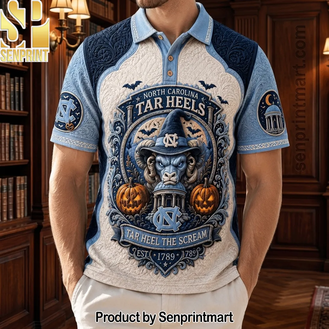 North Carolina Tar Heels Tar Heel The Scream Halloween Embossed Polo Shirt
