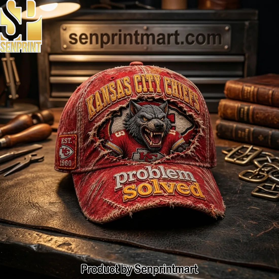 Kansas City Chiefs Distressed Wolf Problem Solved Baseball Cap
