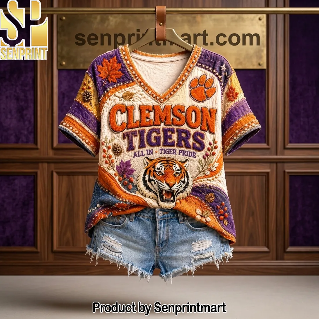 Clemson Tigers All In Tiger Pride Vintage Quilt Style V-neck Shirt