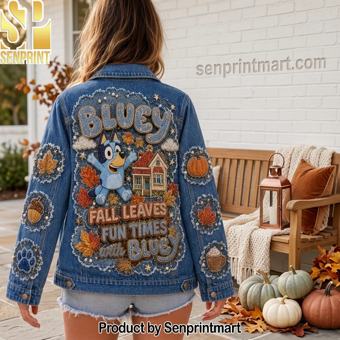 Bluey Fall Leaves Fun Times Custom Beaded Autumn Denim Jacket