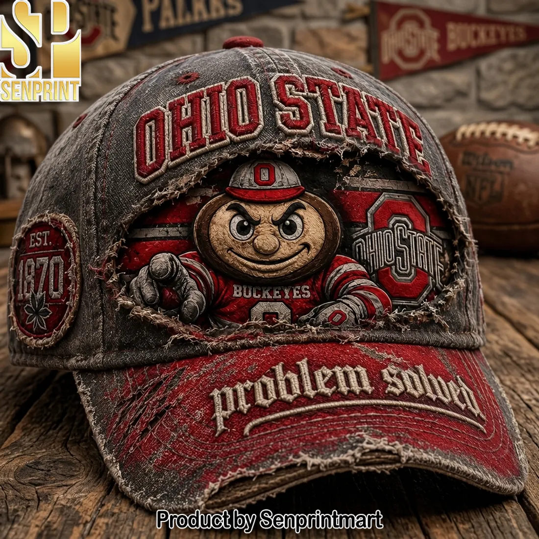 Ohio State Buckeyes Brutus Mascot Vintage Distressed Embroidered Baseball Cap