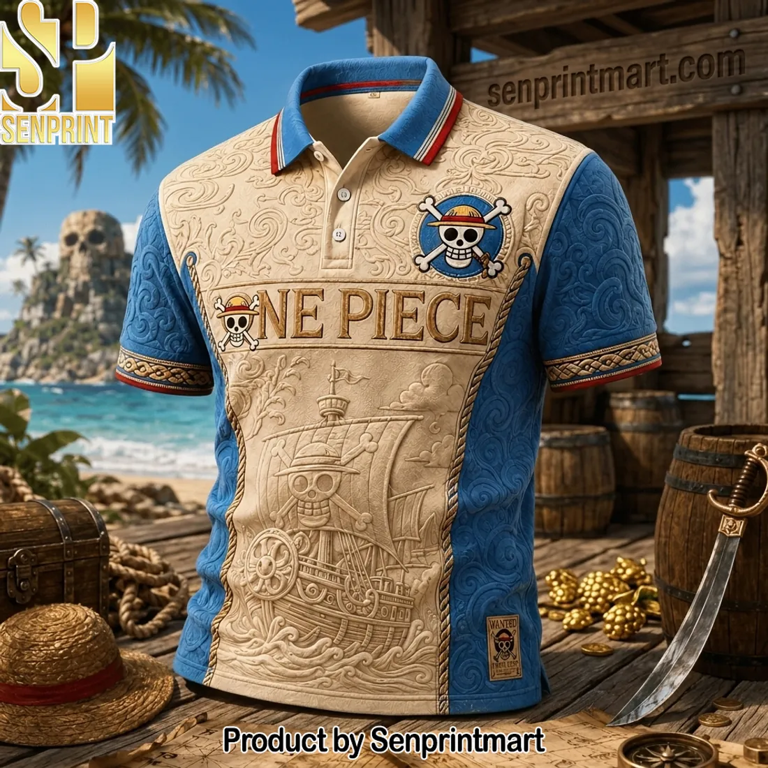 One Piece Anime Straw Hat Pirates Premium 3D Embossed Style Polo Shirt