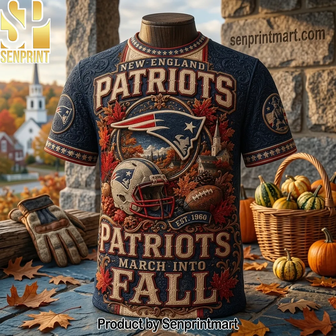 New England Patriots March Into Fall 3D Embossed T-Shirt