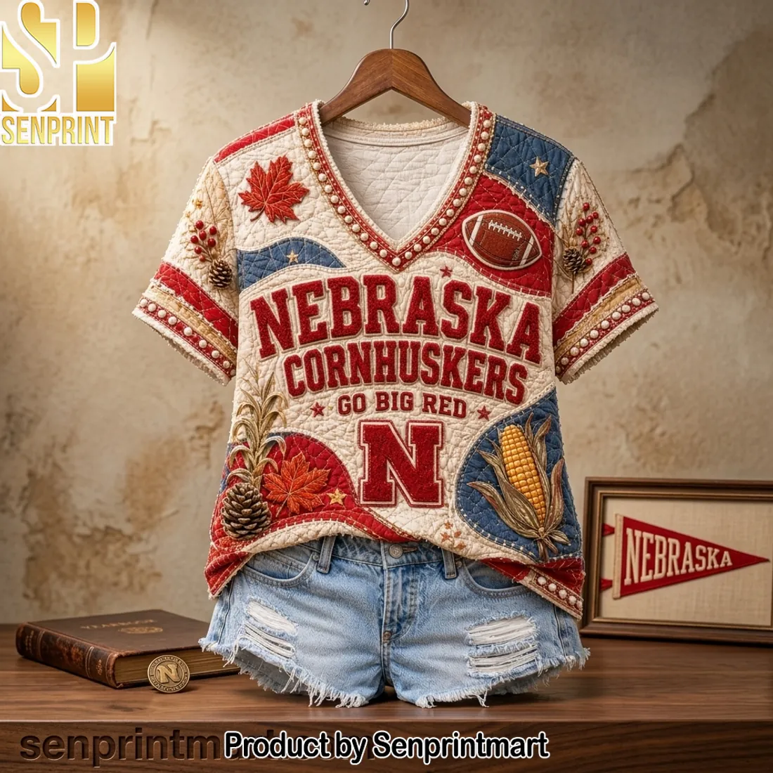 Nebraska Cornhuskers Go Big Red Vintage Quilt Print V-Neck Shirt