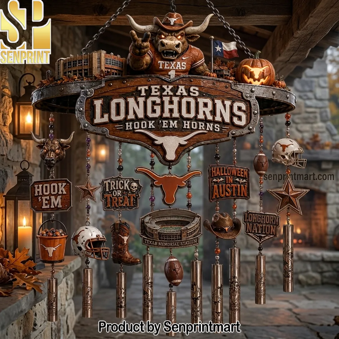 Texas Longhorns Hook ‘Em Horns Halloween in Austin Outdoor Wind Chime